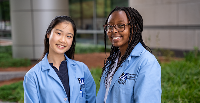 Rising juniors Yutian “Tina” Li (left) and Shalom Njau are members of the UMass Chan High School Health Careers Program Class of 2022.