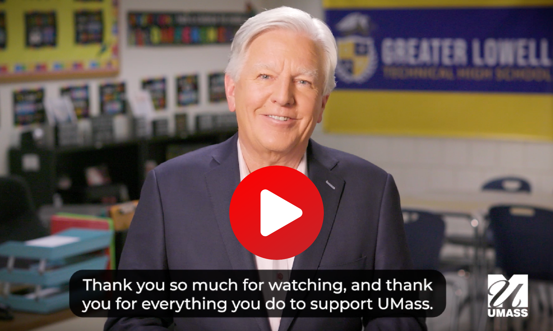 UMass President Marty Meehan delivering the 2024 State of the University address from Greater Lowell Technical High School.