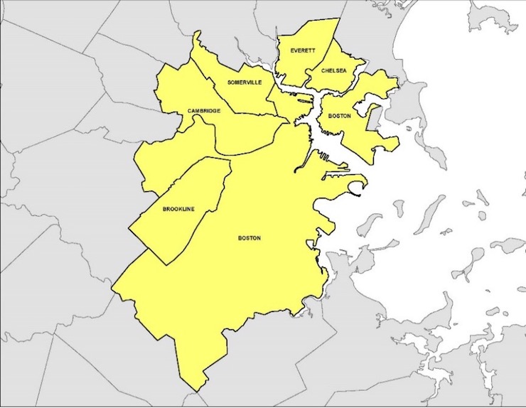 The team surveyed climate adaptation stakeholders within a 5-mile radius of Downtown Boston, highlighted in yellow above. Photo courtesy of Antonio Raciti. 