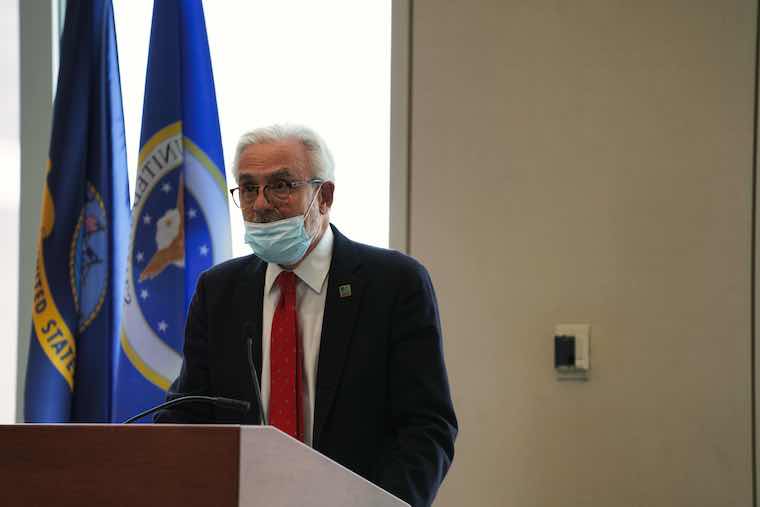 Chancellor Marcelo Suárez-Orozco speaks at the University's Veteran's Day celebration. Photo by Janina Seibel. 