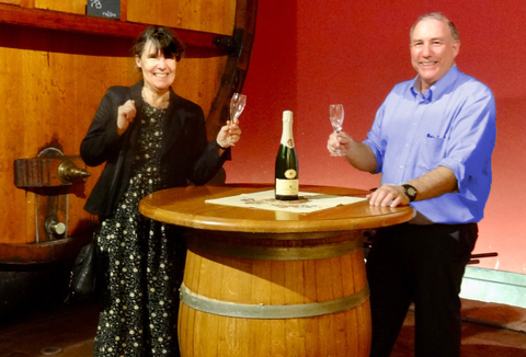 Barry Goodell and co-author Jody Jellison, director of the Center for Agriculture, Food and the Environment at UMass Amherst, in the wine cellar of a vineyard in Colmar.