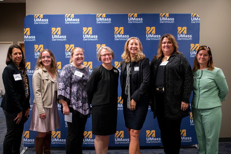 Empowering Women in Science and Engineering event speakers (l to r): Laurra Winters, director of the Navy Clothing & Textile Research Facility; Abigail Keith '20, electrical engineer 2 at Raytheon; Melissa Pijoan '18, logistics engineer & software depot activation lead for Applied Research Solutions; Jean VanderGheynst, dean of the College of Engineering; Diane Phillips '84, vice president of Boston Operations for JRAD; ML Mackey, CEO and co-founder of Beacon Interactive Systems; & Patricia Eno, engineering manager.