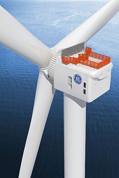 General Electric’s Haliade-X 12-megawatt offshore wind turbine with its 351-foot-long composite blades.