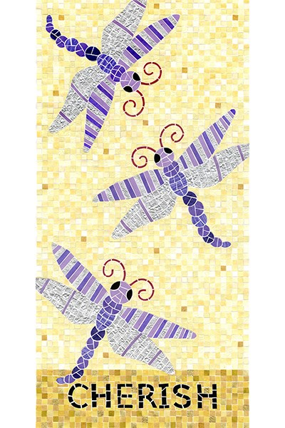 Mosaic style artwork of dragonflies with the word "Cherish" on the bottom