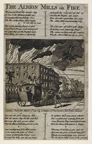 A broadside depicting the 1791 Albion Mills fire, with gleeful demons. Marshall used it for her book cover.