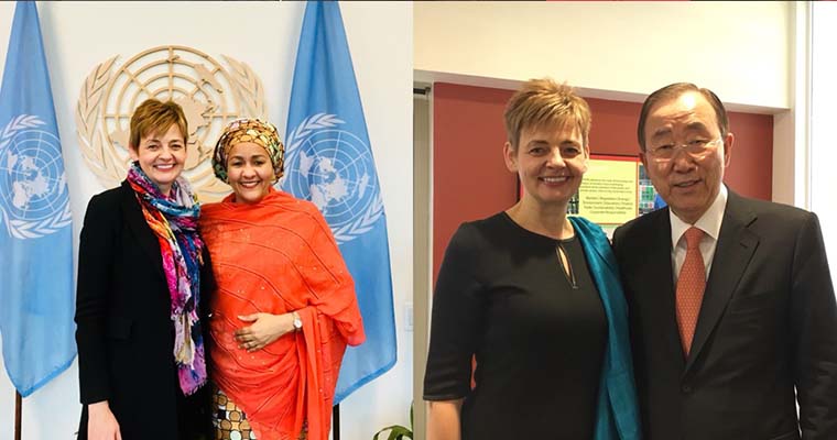 Image: Ivanova with UN Deputy Secretary-General Amina Mohammed (left) and Ivanova with UN Secretary-General Ban Ki-moon (right).