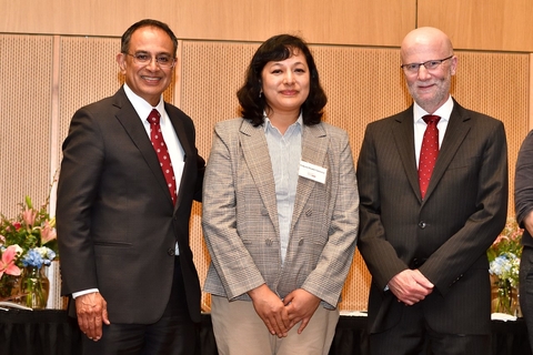 Left to right: Chancellor Kumble Subbaswamy, Kalpana Poudel-Tandukar and Provost and Senior Vice Chancellor for Academic Affairs John McCarthy 