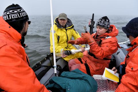 Beaufort Lagoons LTER investigator Amber Hardison (Virginia Institute of Marine Science, second from right) preparing to gather a core from bottom sediments in Jago Lagoon near Kaktovik, Alaska.