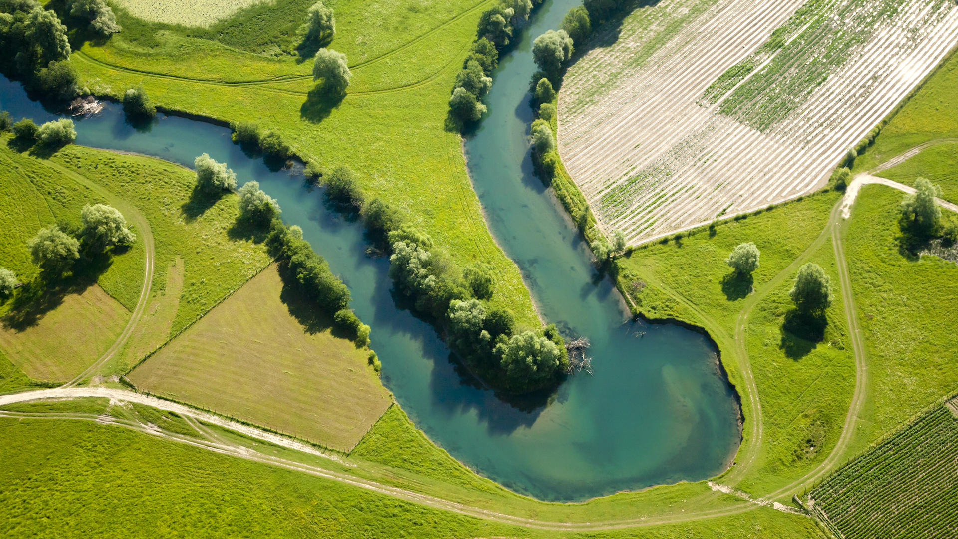 River with farm fields on both sides