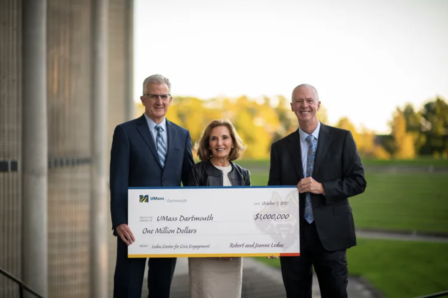 Robert Leduc '78, Jeanne Leduc, Chancellor Mark Fuller