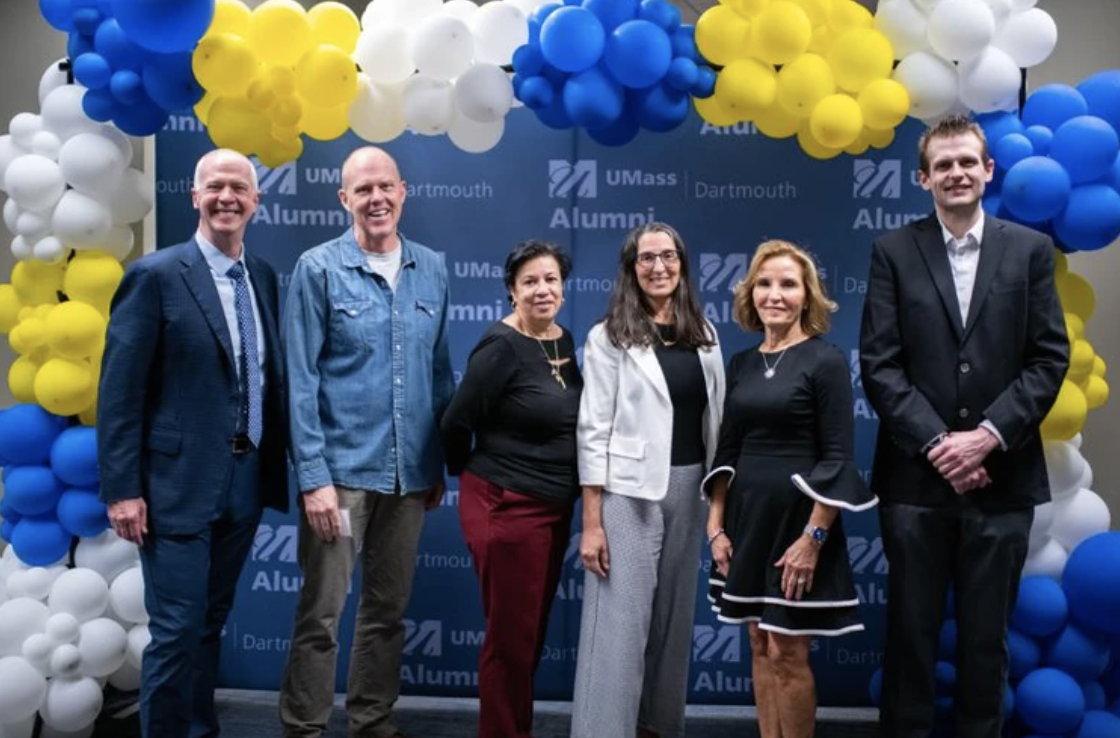 From left to right: Chancellor Mark A. Fuller with Alumni Award recipients (l-r) Brian Helgeland ’83, Carol Spencer-Monteiro, LMHC ’92, MA ’96, Lisa Tedeschi Vergara ’83, Jeanne Leduc, and Christiaan Rees ’12