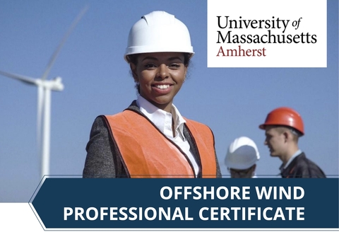 A woman wearing a construction helmet and vest smiles in front of a wind turbine with the words "Offshore Wind Professional Certificate" shown at the bottom
