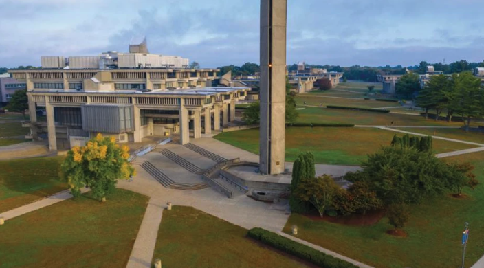 Drone image of UMass Dartmouth library and campanile on campus