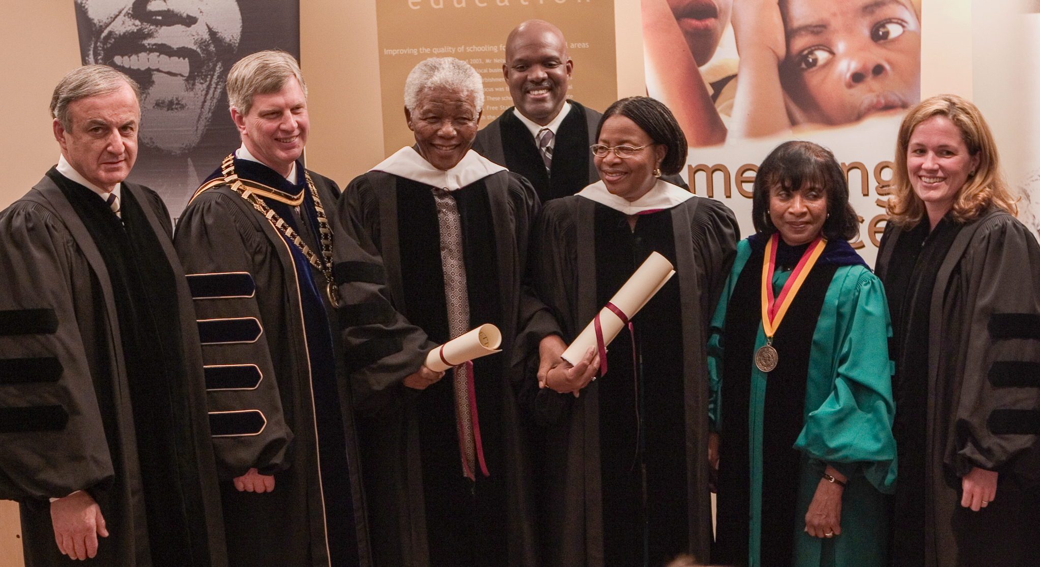 In 2005, the University of Massachusetts presented honorary degrees to former South African President Nelson Mandela and his wife, Graça Machel, in a degree ceremony at the Nelson Mandela Foundation in Johannesburg, South Africa.