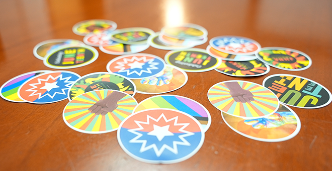 A pile of colorful buttons made by members of UMass Chan community