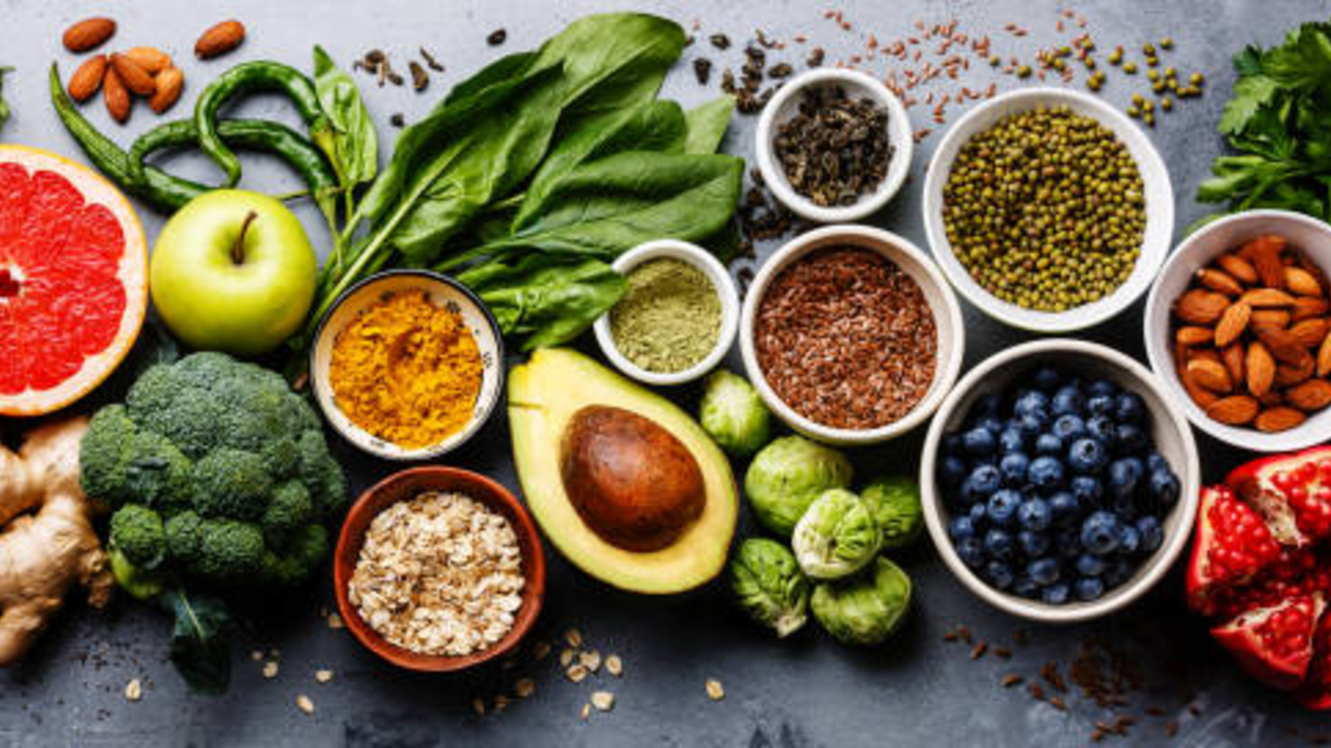 Image of an assortment of produce, seeds, and nuts