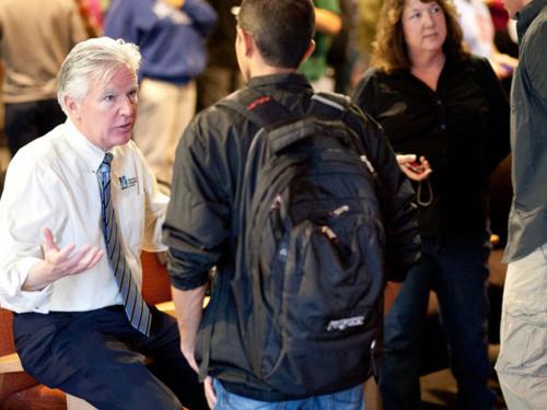 Chancellor Marty Meehan talking to students at UMass Lowell