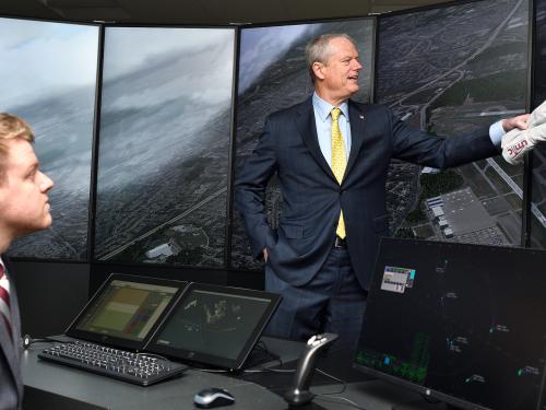 Gov. Charlie Baker checks out 3-D air traffic control simulator