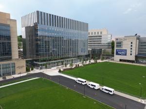 Drone shot from above the UMass Chan Medical School campus looking at the new Paul DeMare Building