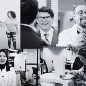 black and white collage featuring umass student interns