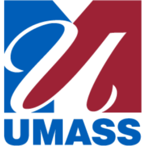 UMass logo in blue and maroon.