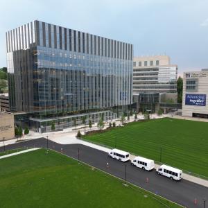 Drone shot from above the UMass Chan Medical School campus looking at the new Paul DeMare Building