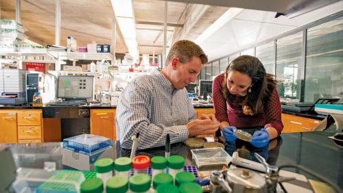 Erin Bromage assisting a student in the lab