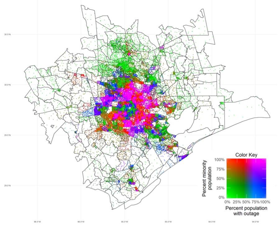 Map of the Houston, TX, Metropolitan Statistical Area showing minority status and blackout share by population during the winter storms of Feb. 14-18, 2021. Each dot represents 100 people.